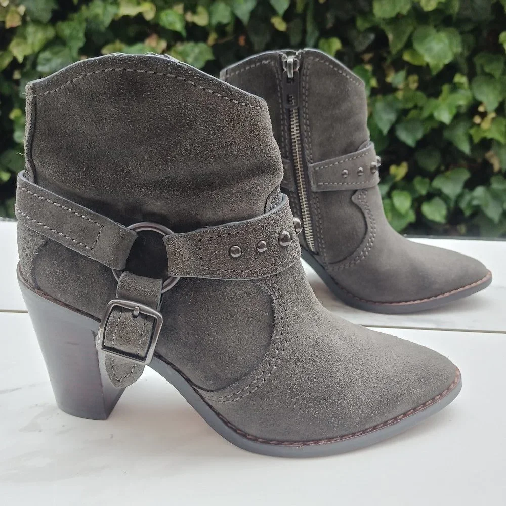 Coach Suede 3.5" Block Heel Harness Bootie In Grey Women's Size 7.5 - Picture 1 of 10